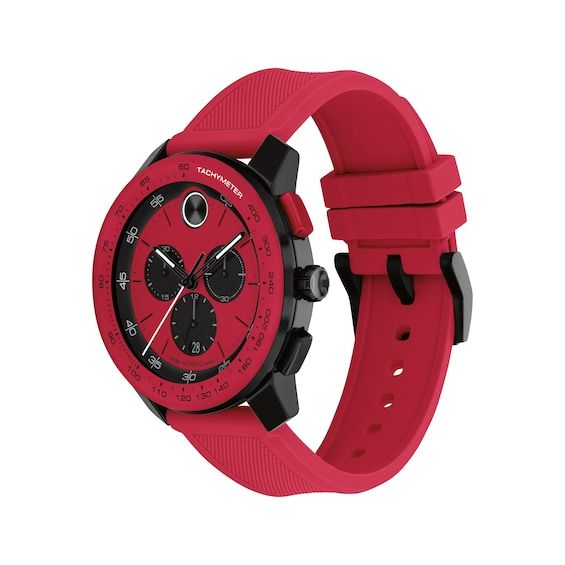 This Movado watch is defined by a sporty case created with durable and lightweight TR90 material. 44mm TR90 composite and stainless steel case Red lacquer dial with black chrono sub-dials, Super-LumiNova® accents, date display, signature dot and K1 crystal Swiss quartz chronograph movement Red silicone strap with buckle clasp Modern Chronograph Watch For Outdoor Use, Modern Chronograph Watch With Round Dial, Modern Chronograph Watch With Stopwatch, Luxury Sports Chronograph Watch With Subdials, Functional Round Dial Watch With Tachymeter, Functional Watch With Tachymeter And Round Dial, Functional Analog Chronograph Watch With Round Dial, Sporty Watches With Round Dial For Sports, Sporty Chronograph Watches For Sports