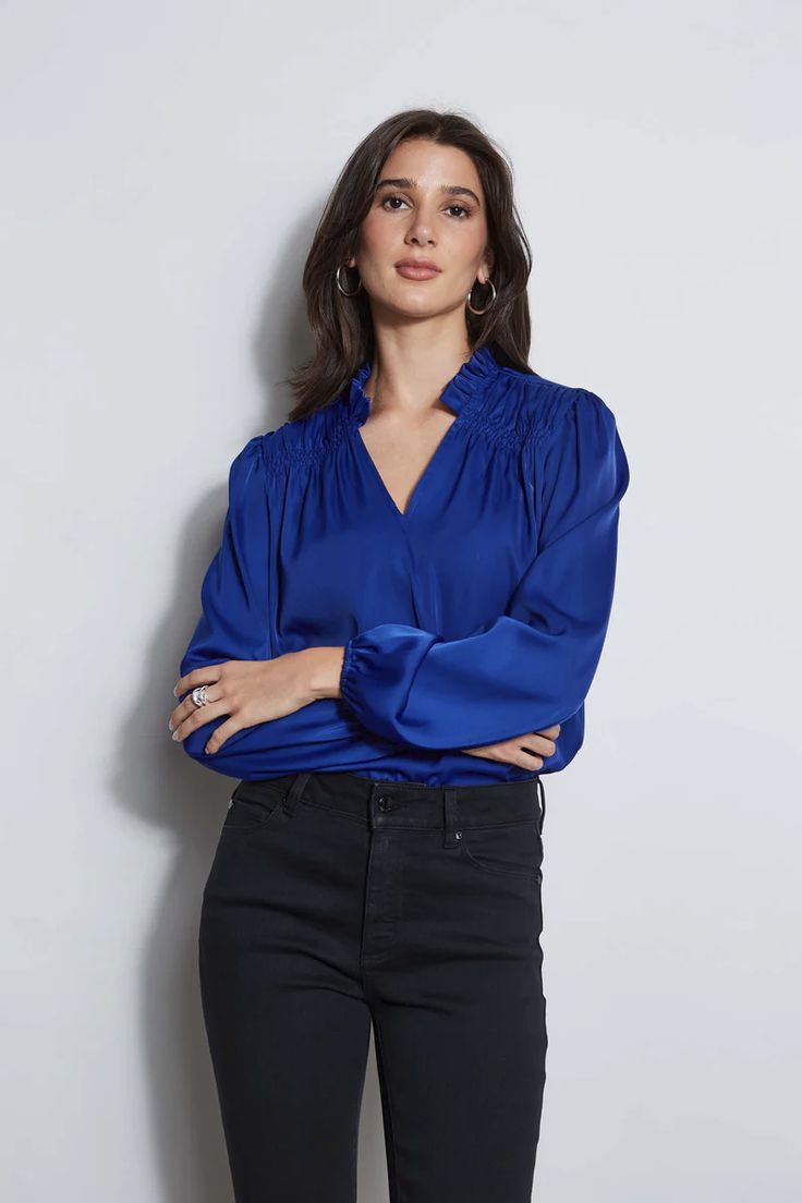 T-Tahari V-Neck Satin Blouson Shirt – Elie Tahari Blue Satin Top For Workwear, Chic Satin V-neck Tops, Blue Silk V-neck Blouse, Blue Silk Button-up Top, Luxury Satin V-neck Camisole, Clothes Capsule Wardrobe, Elie Tahari, V Neck Blouse, Stand Collar