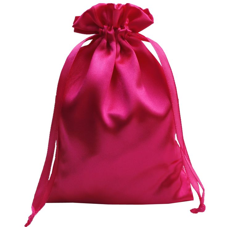 a bright pink satin bag on a white background