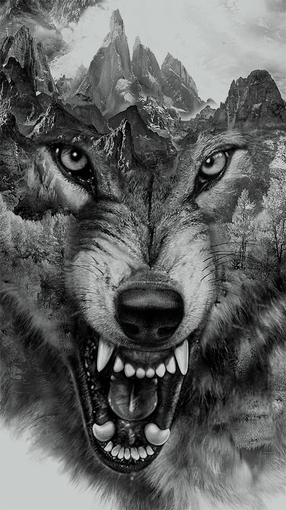 a black and white photo of a wolf's face with mountains in the background