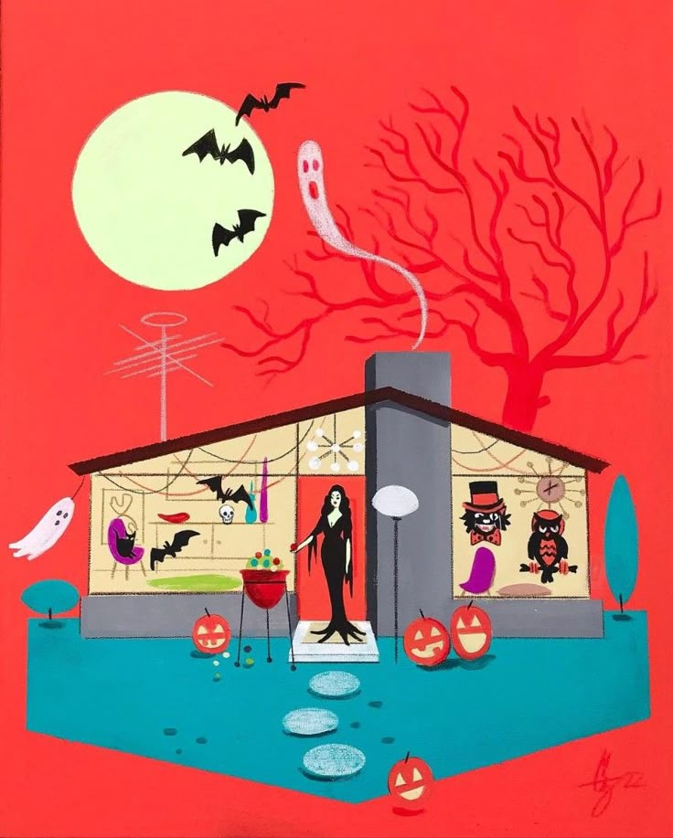 a painting of a woman standing in front of a house with bats and pumpkins