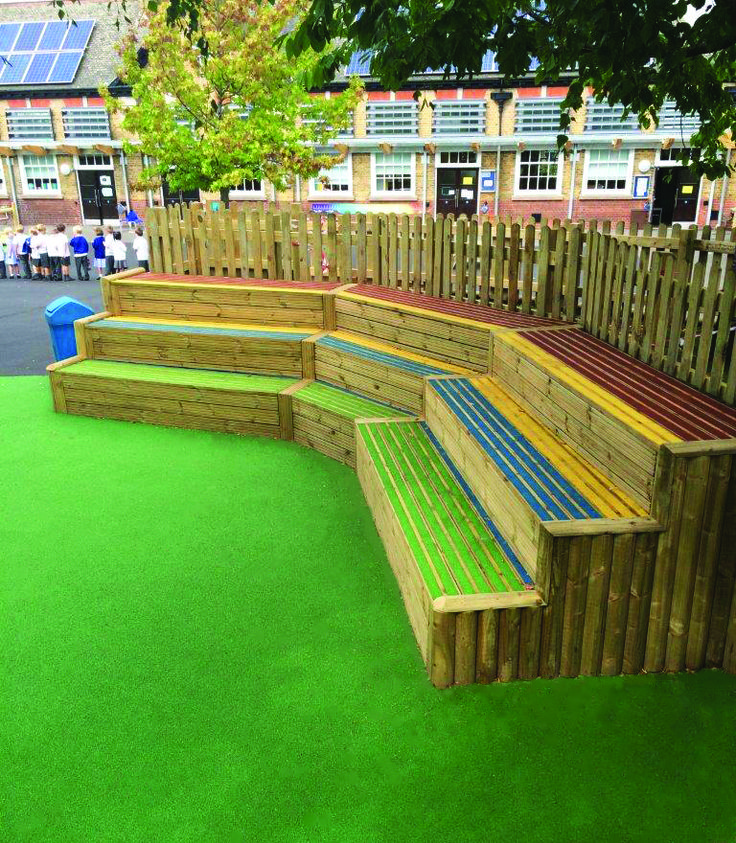 a wooden bench sitting on top of a green field