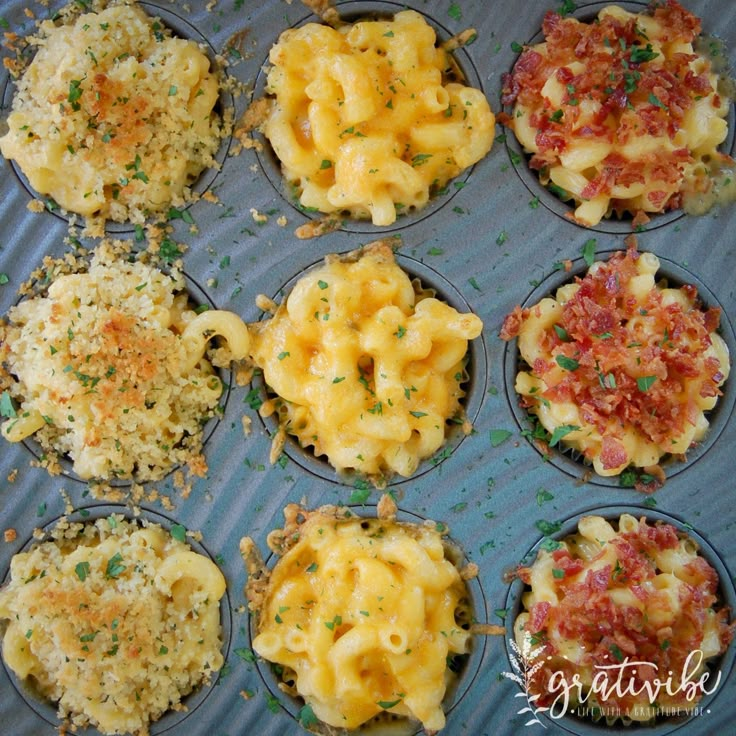 twelve different types of macaroni and cheese in muffin tins