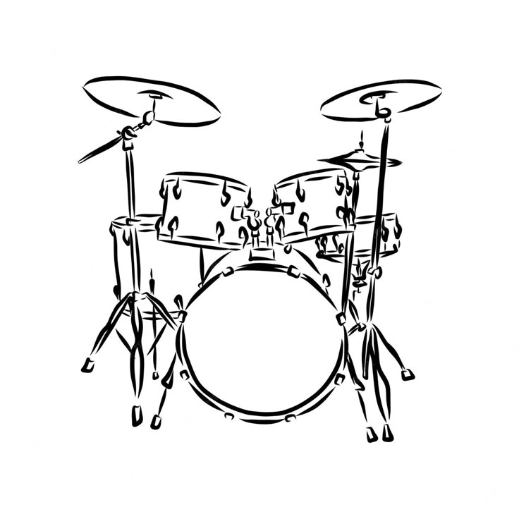 a black and white drawing of a drum set