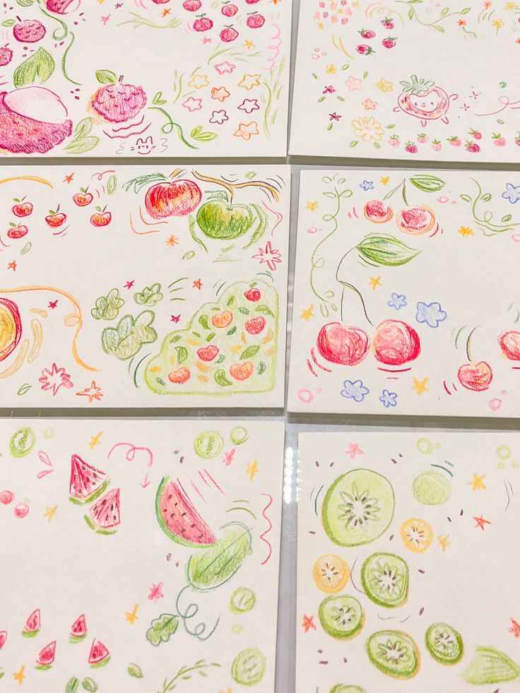 four drawings of different fruits and vegetables on paper