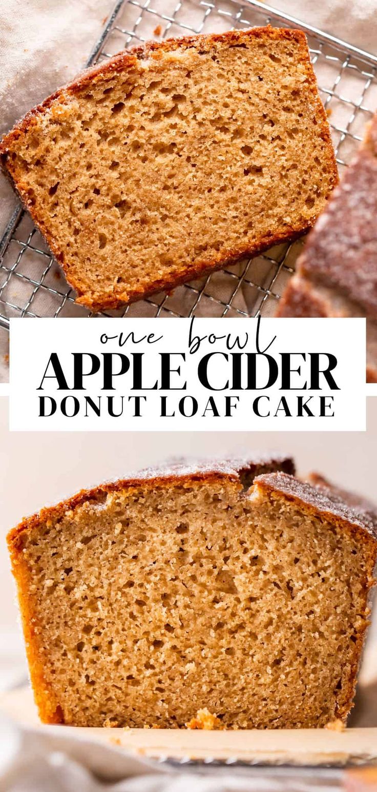 one bowl apple cider don't loaf cake is cut into slices and sits on a cooling rack