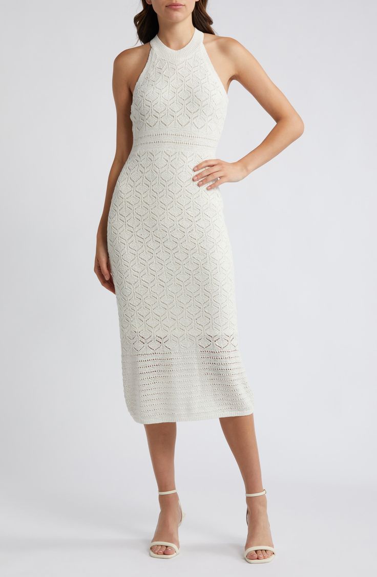 Patterned stitching enlivens this day-to-night sweater-midi knit with sleek cutaway shoulders. 42" center front length (size Medium) Crewneck Sleeveless, with cutaway shoulders Partially lined 60% acrylic, 40% nylon Dry clean or machine wash, dry flat Imported Elegant Fitted Crochet Dress For Daywear, Knit Midi Dress For Date Night, Elegant Fitted Crochet Dress, Elegant Fitted Crochet Knit Dress, Chic Fitted Crochet Knit Dress, Elegant Sleeveless Open Knit Crochet Dress, Summer Midi Dress With Pointelle Knit, Chic Sleeveless Crochet Dress For Daywear, Summer Pointelle Knit Midi Dress