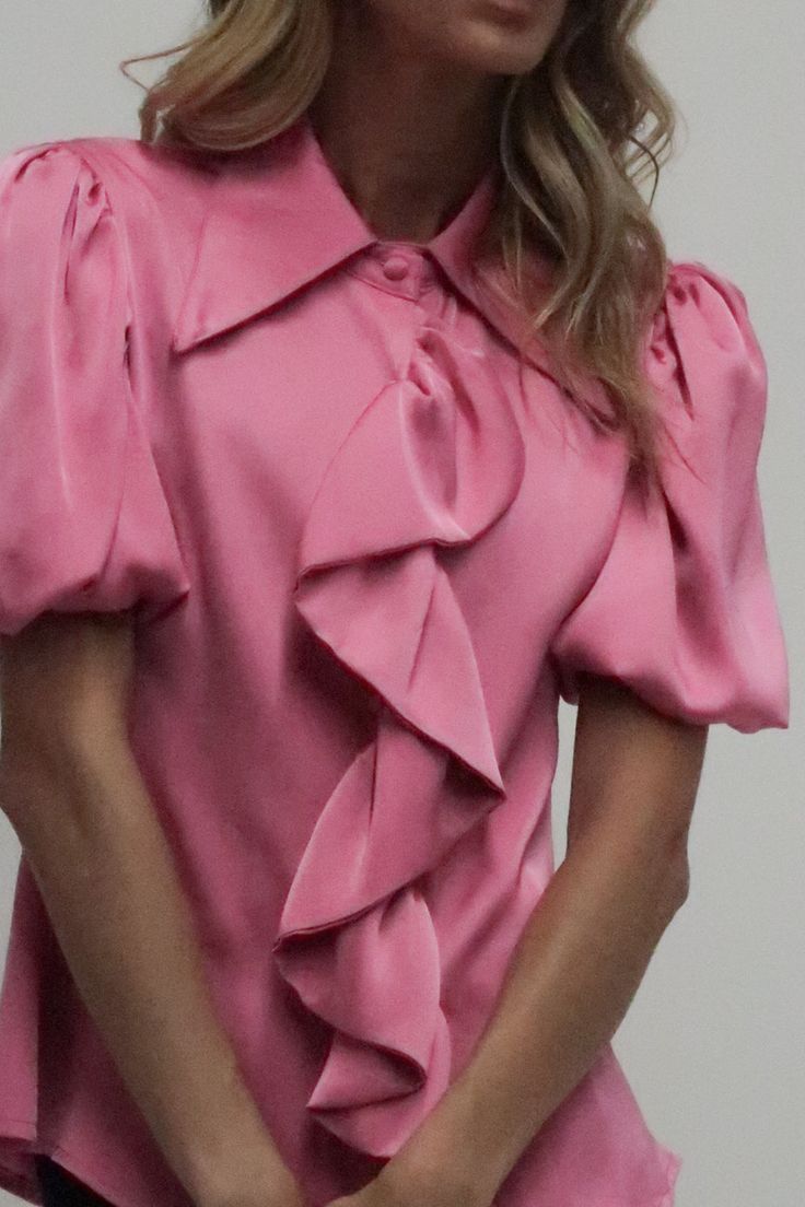 Wide Collar Ruffle Shirt - Shop Beulah Style Trendy Pink Collared Blouse, Pink Fitted Short Sleeve Shirt, Trendy Pink Blouse With Collar, Formal Padded Short Sleeve Blouse, Formal Short Sleeve Padded Blouse, Summer Workwear Puff Sleeve Top With Ruffles, Trendy Ruffled Collar Top, Ruffled Puff Sleeve Top For Workwear, Ruffled Puff Sleeve Top For Work