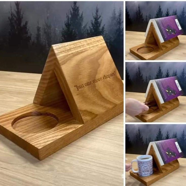 the wooden stand is holding a cup and saucer, with three pictures of trees in the background