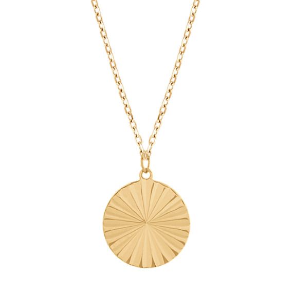 Crafted from quality 14 karat yellow gold  this stunning disc pendant is the perfect complement to any look. This pendant measures approximately ½ an inch in diameter  hangs from a matching 18-inch cable chain and is secured with a lobster clasp. This pendant can be engraved in the back for a personal touch. For assistance on engraving  Live Chat online  call an online customer service representative at 1-866-467-4263  or visit one of our store locations. Modern Yellow Gold Round Disc Jewelry, 14k Gold Medallion Necklace, Engraved Yellow Gold Medallion Necklace In Round Disc Shape, Engraved Yellow Gold Round Disc Medallion Necklace, Engraved Yellow Gold Medallion Necklace, Yellow Gold Circular Coin Pendant Necklace, Yellow Gold Circular Coin Necklace, Yellow Gold Circle Necklace With Coin Pendant, Round Disc Medallion Necklace With Coin Pendant