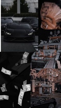 a collage of photos with money flying out of the back of a black car