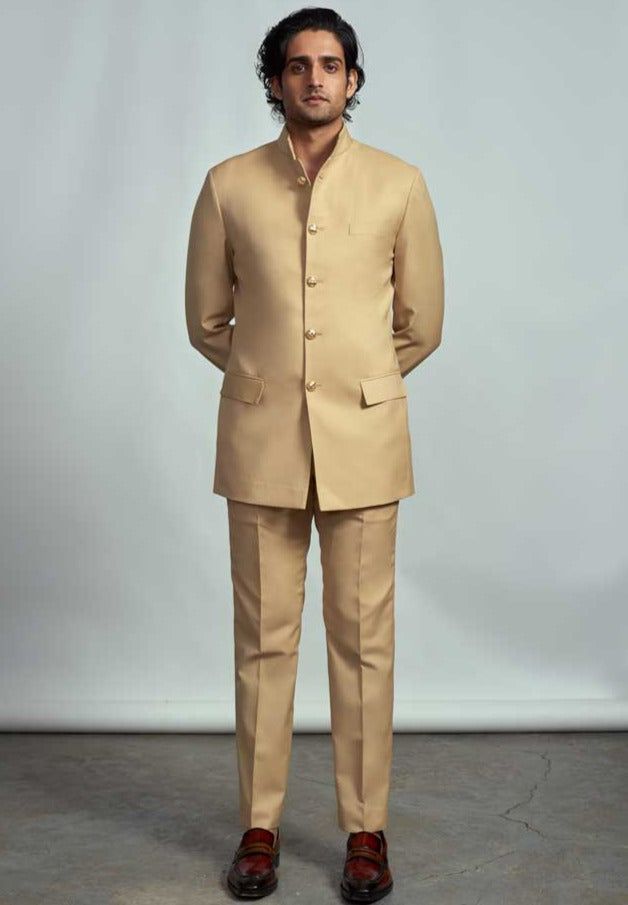 Arjun Kilachand-Champagne Classic Bandgala Suit-INDIASPOPUP.COM Luxury Cream Bandhgala For Formal Occasions, Luxury Cream Bandhgala For Groom, Luxury Beige Bandhgala For Transitional Season, Luxury Beige Bandhgala For Reception, Luxury Elegant Wedding Bandhgala, Luxury Traditional Unstitched Suit For Ceremony, Luxury Cream Bandhgala For Traditional Ceremonies, Champagne Gold Wedding Dress, Formals For Men