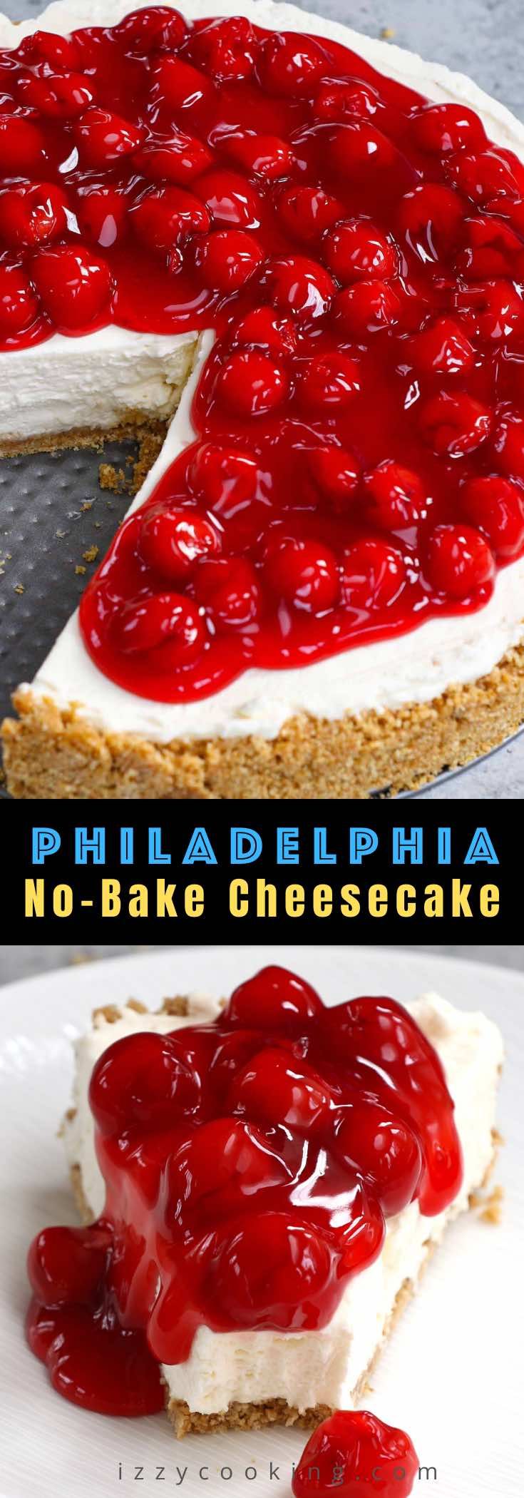 there is a cheesecake with cherries on it and the bottom one has no - bake cheesecake crust