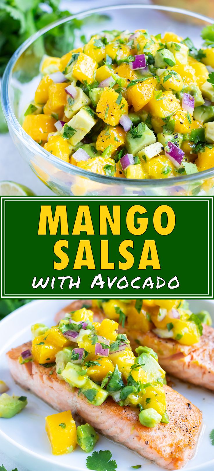 mango salsa with avocado in a glass bowl on a white plate next to salmon