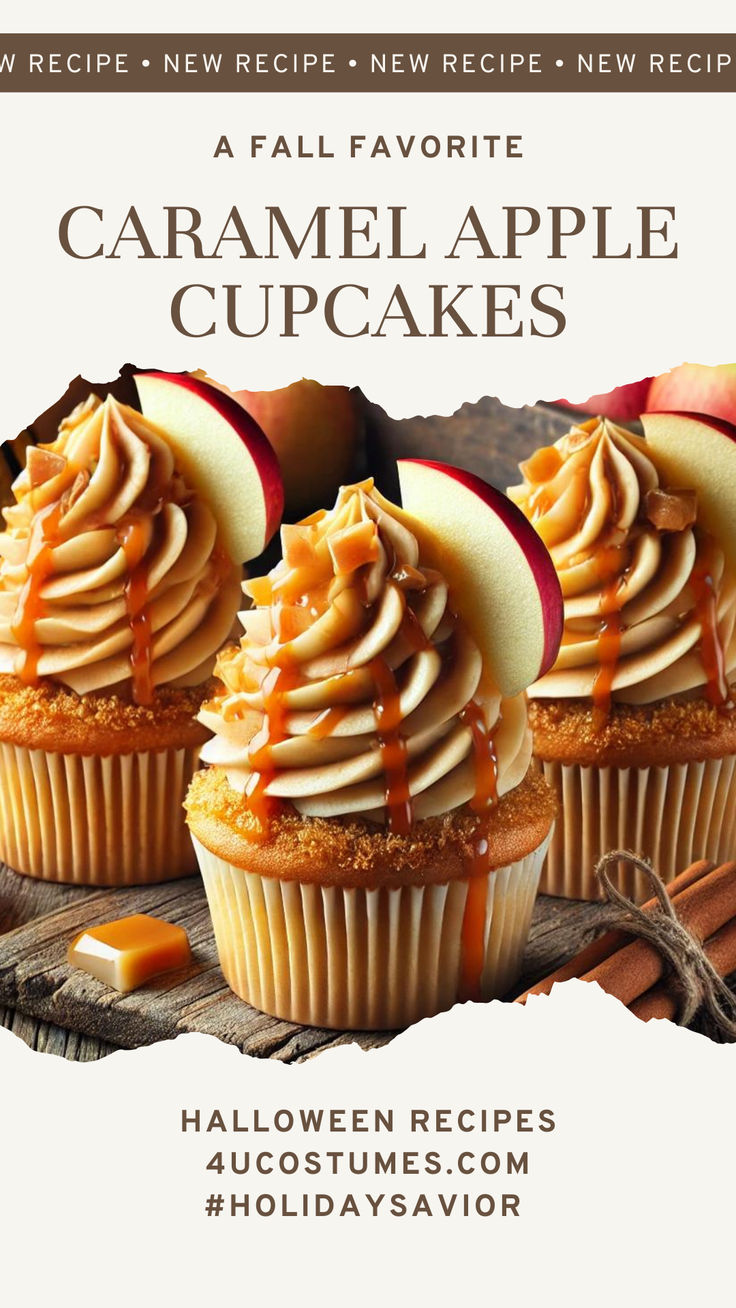 an advertisement for caramel apple cupcakes with apples on top