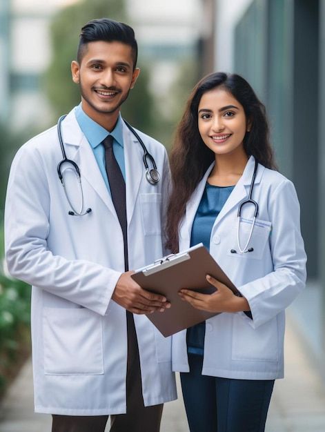 two doctors standing next to each other in front of a building smiling at the camera