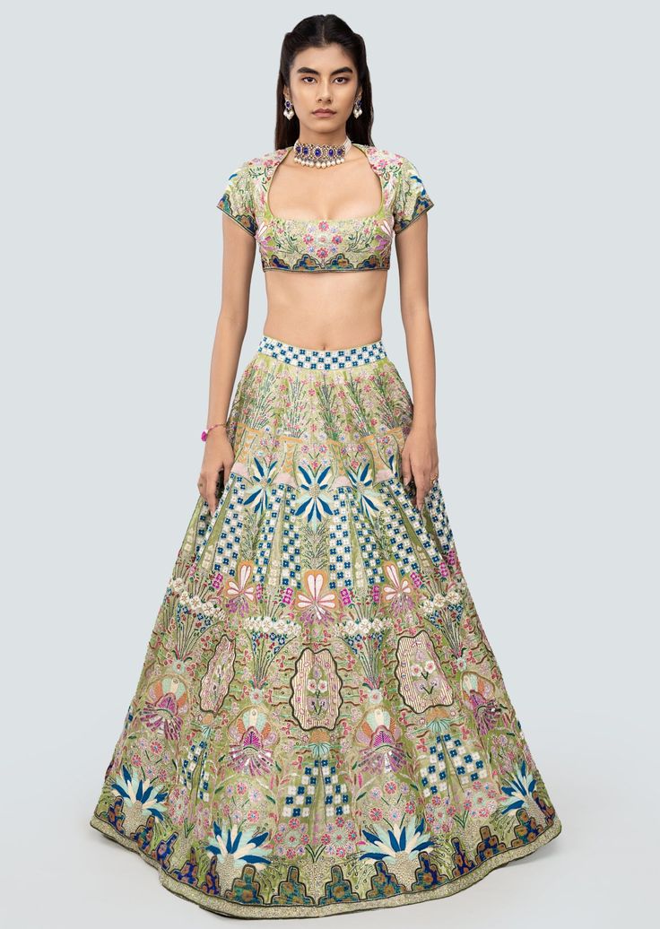 Multicolored green heavy embellished and applique kali tissue lehenga with blouse and scallop net dupatta. Green Floor-length Lehenga With Intricate Embroidery, Green Lehenga With Intricate Embroidery For Festive Occasions, Festive Green Lehenga With Intricate Embroidery, Green Intricate Embroidery Floor-length Fabric, Floor-length Green Embroidered Fabric, Green Intricate Embroidered Floor-length Fabric, Anarkali Green Lehenga With Intricate Embroidery, Green Saree Set With Intricate Embroidery, Green Embroidered Lehenga For Reception