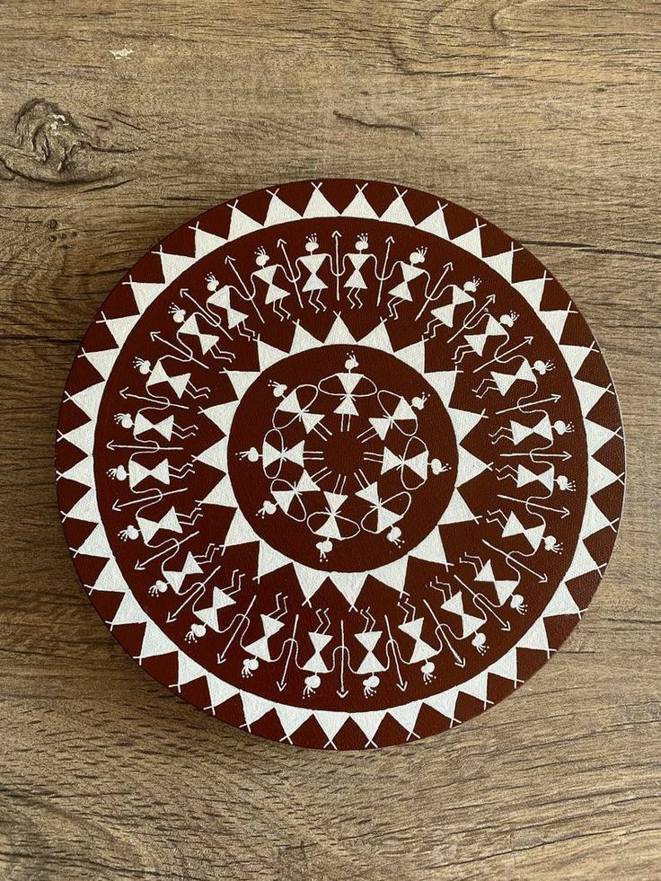 a brown and white plate sitting on top of a wooden table next to a wall