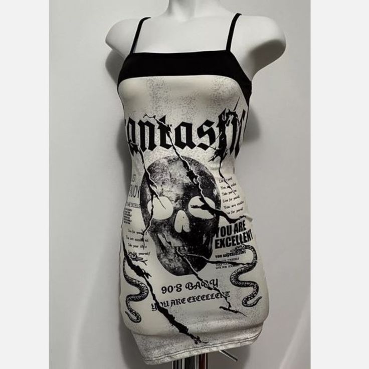 Nwot Sexy Fantastic Punk Rock Skull White Black Straps Mini Dress Size Xs Condition: New White Fitted Gothic Mini Dress, Gothic White Mini Dress For Parties, White Gothic Mini Dress For Party, Edgy Bodycon Mini Dress, Summer Punk Mini Dress For Night Out, Punk Style Summer Mini Dress For Club, Emo Style Mini Dress For Summer, Punk Style Mini Dress For Halloween Concert, Emo Mini Dress For Alternative Fashion