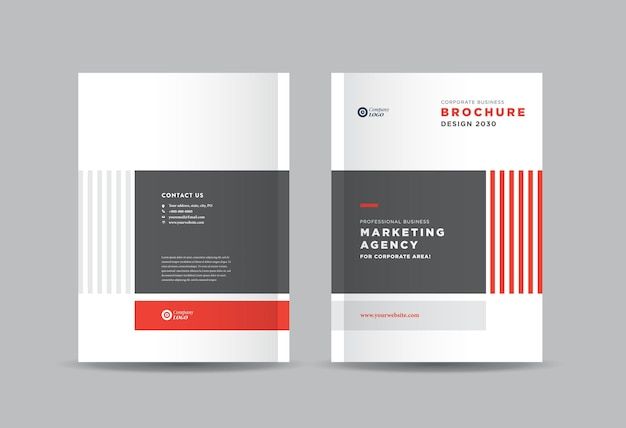 a brochure with red and black stripes on the front, grey back and white sides