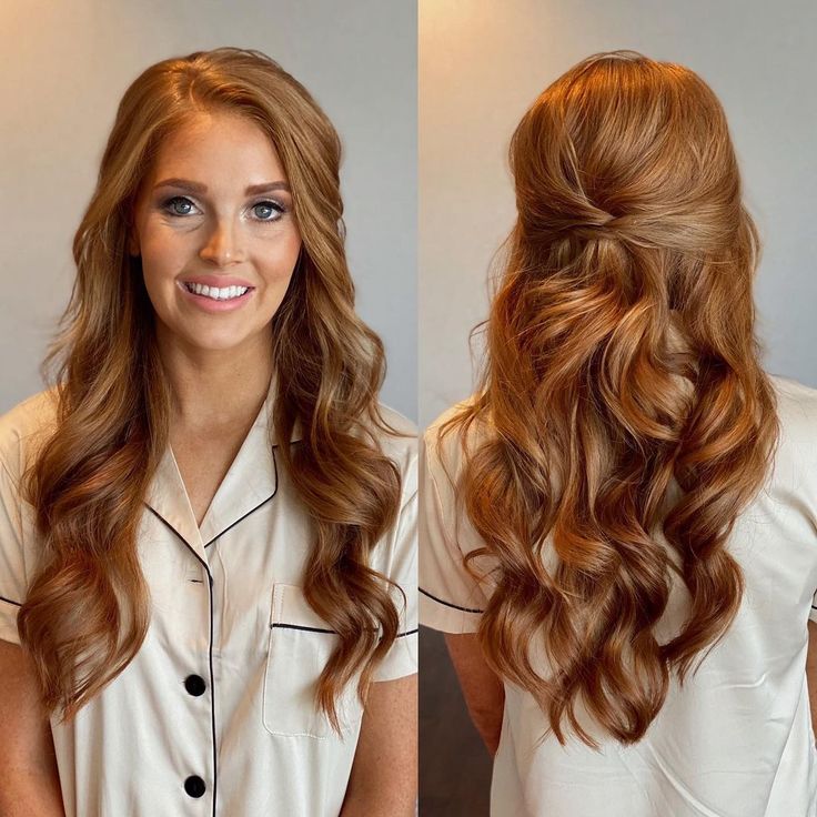 two pictures of a woman with long, wavy hair and wearing a white shirt smiling at the camera