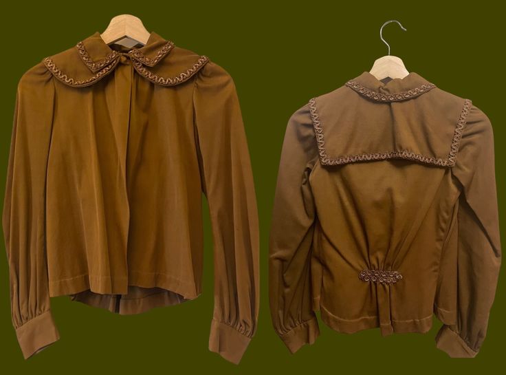 "Late 1800s or Early 1900s antique jacket or bodice in a lovely shade of brown. swing silhouette. double collar with longer flap at back. long sleeves. cord appliqué trim around collar and gathering at back waist. the decorative cord appliqué is reinforced with very tiny gold wire throughout, so intricately made. single hook and eye closure at collar. jacket is lined with black cotton shirting that is attached to the inside of the jacket similar to a dickey. shirt lining has two button closure. Fall Outerwear With Lace Collar, Long Sleeve Outerwear With Lace Collar For Fall, Fall Long Sleeve Outerwear With Lace Collar, Fall Outerwear With Lace Collar And Long Sleeves, Vintage Brown Outerwear For Costume, Pale Yellow Maxi Dress, Edwardian Jacket, Edwardian Shirt, Battenberg Lace