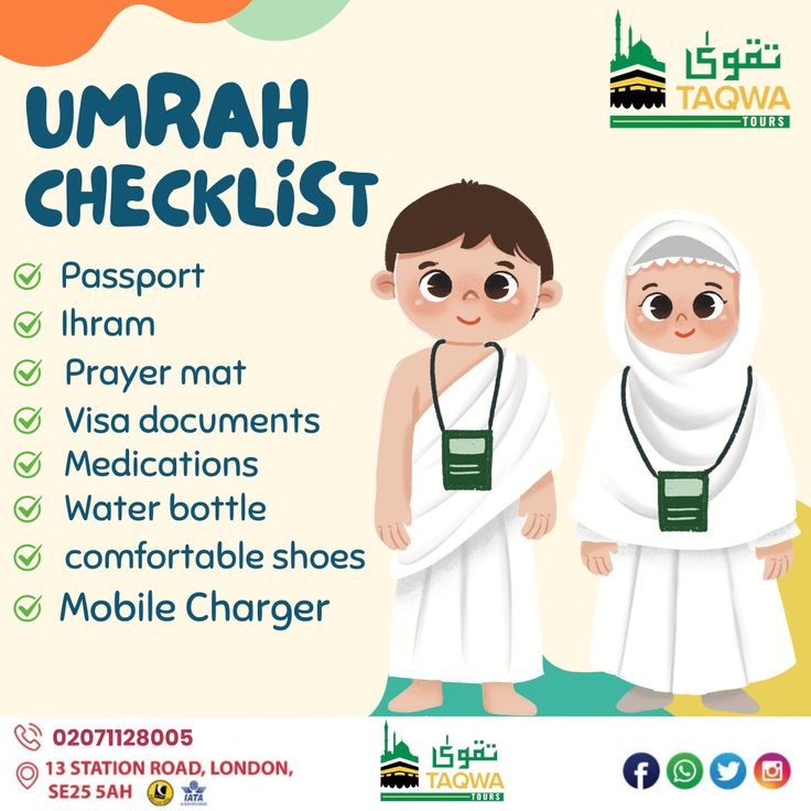 the poster for umrah checklist shows two children in white robes and green headscarves