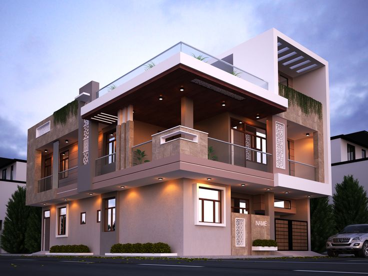 a two story house with balconies on the second floor