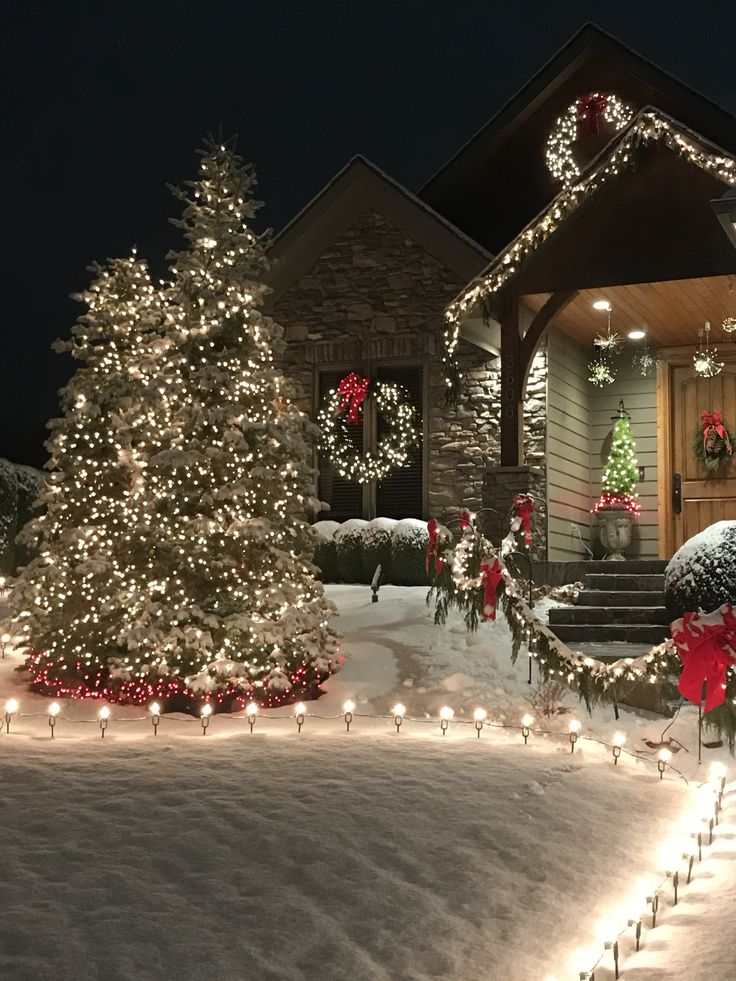 lighted christmas trees in front of a house