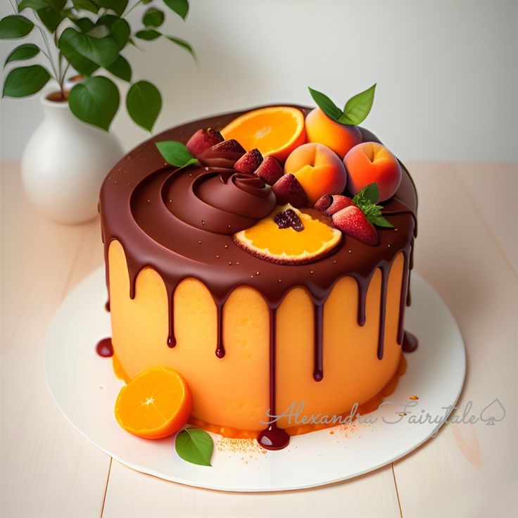 a cake with chocolate icing and fruit on top