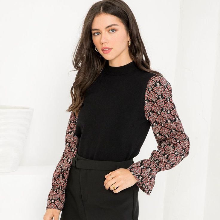 Nwt Black Knit Body Mock Neckline Contrasting Flower Patterned Sleeve Elastic Bell Cuff 55% Viscose 28% Polyester 17% Nylon Corduroy Top, Flower Sleeve, Sleeveless Tops Summer, Sequin Sleeve, Printed Sleeveless Blouse, Ruffle Sleeve Blouse, Orange Blouse, Cold Shoulder Long Sleeve, Boho Shirts