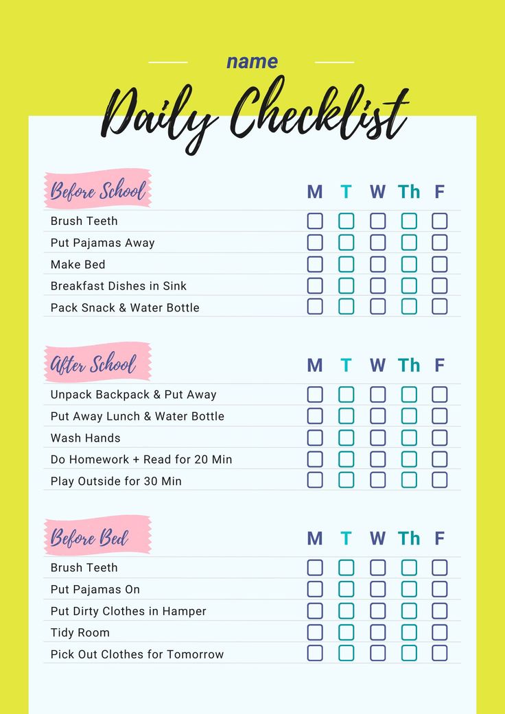 a printable daily checklist with the words, name and date in pink on it