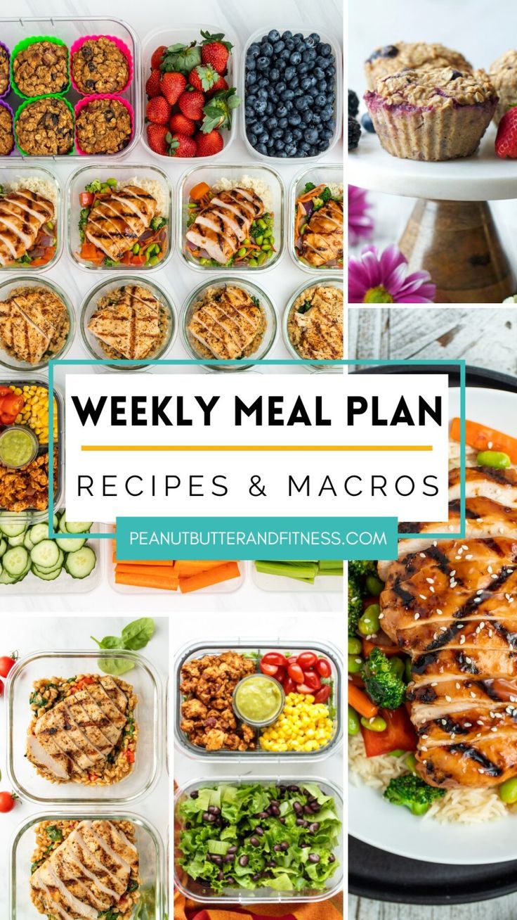 a collage of healthy meal plans including chicken, salads and other food items