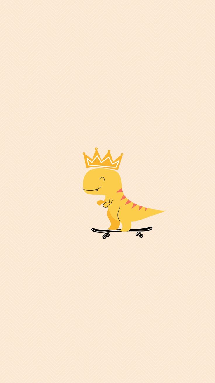 a yellow dinosaur with a crown riding a skateboard on a light pink wallpaper