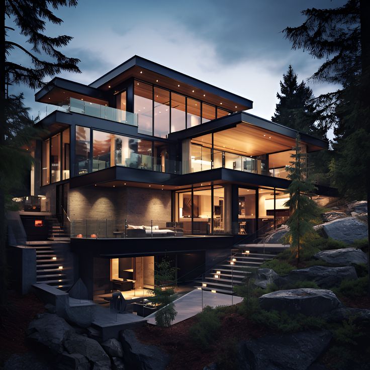 a large modern house in the woods at night