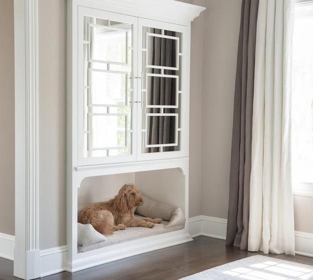 a brown dog laying on top of a white bed in a living room next to a window