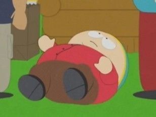 a cartoon character laying on the ground with his head in a trash can and another person standing behind him