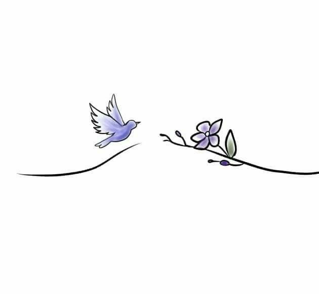 two small birds flying next to each other on top of a white surface with purple flowers