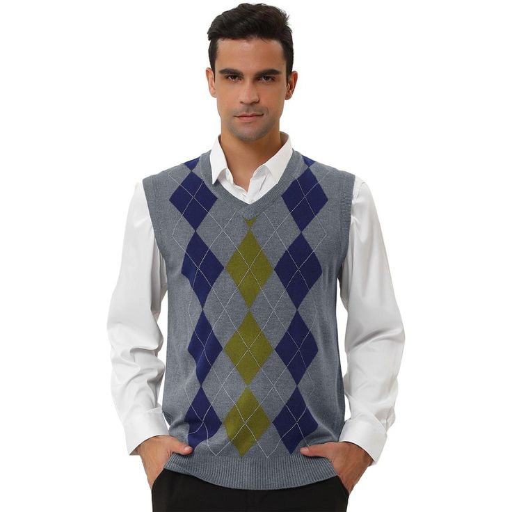 An essential choice for vintage style wearing. The simple argyle print design makes it easier to match your other clothes. The classic style and the nice soft fabric make this knitted sweater vest an on-trend essential. A good gift for families, friends, boyfriends, or husbands. Suitable for any occasion. Comfortable to wear with casual pants or suit pants. Fall Argyle Pattern V-neck Sweater Vest, Fall V-neck Argyle Sweater Vest, Fitted Argyle Sweater Vest For Winter, Winter Cotton Argyle Sweater, Fall Argyle Pattern Sleeveless Sweater Vest, Classic Crew Neck Sweater Vest For Winter, Casual Argyle Pattern Vest For Fall, Sleeveless Argyle Sweater Vest For Winter, Argyle Pattern Sleeveless Vest For Winter