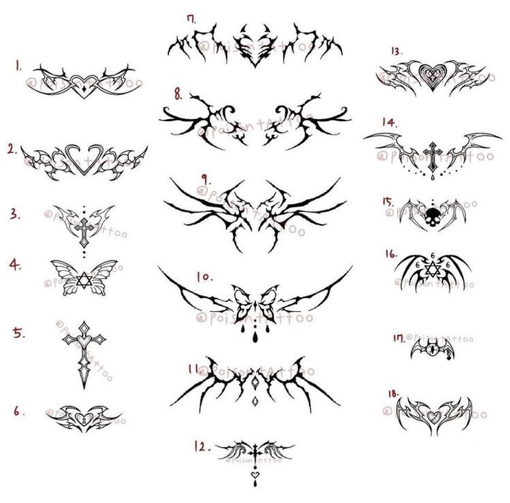 the different tattoo designs on this page are shown in black and white, with some red ink