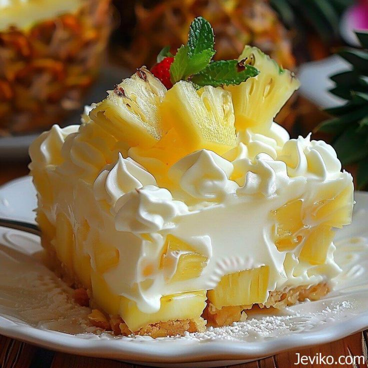 a piece of pineapple pie on a white plate