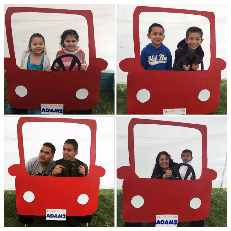 four pictures of people in a bus shaped mirror