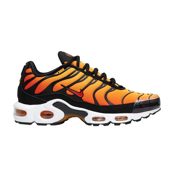 Find NIKE Air Max Plus 'sunset on Editorialist. Nike designer Sean McDowell took inspiration from sunsets on Florida beaches when coming up with the design for the Air Max Plus, hence this colorway’s name. The black TPU overlays mirror the way the palm trees blow in the wind, while the rest of the mesh paneling features a vibrant orange tone to mimic the color of the fading sun. The midsole shank also mimics a whale’s tale splashing out of the water. The tooling itself implements a series of Air Max cushioning units beneath the heel and midfoot for comfort. Nike Sneakers Mens, Air Max Day, Nike Tn, Shoes Sneakers Jordans, Designer Trainers, Dad Shoes, Nike Air Max Plus, Air Max Plus, Gym Shoes