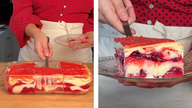 two pictures one with cake and the other with strawberry jello on it, both being cut into squares