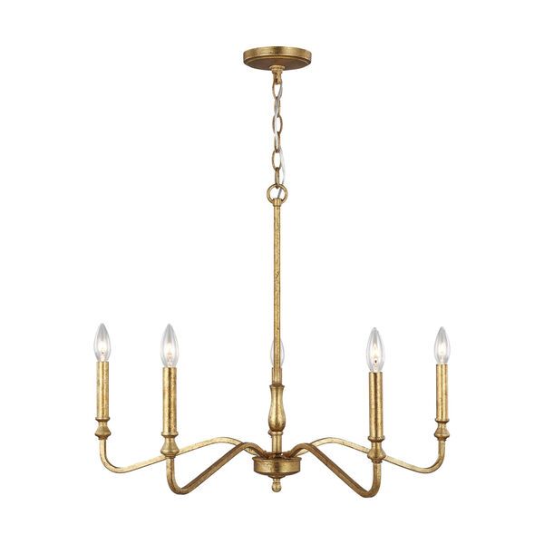 a gold chandelier with five lights hanging from the ceiling and four candles on each end