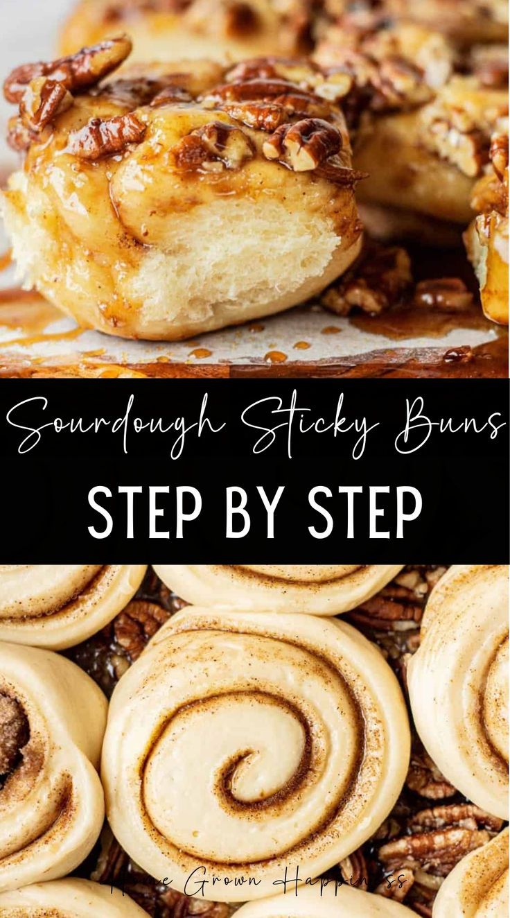 some cinnamon buns are sitting on top of each other with the words, sunday sticky buns step by step