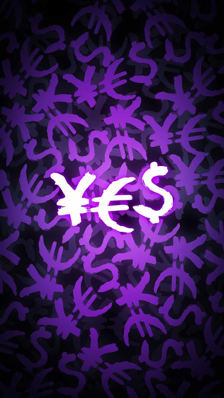 the word yes is written in purple letters on a black background with dollar signs all over it