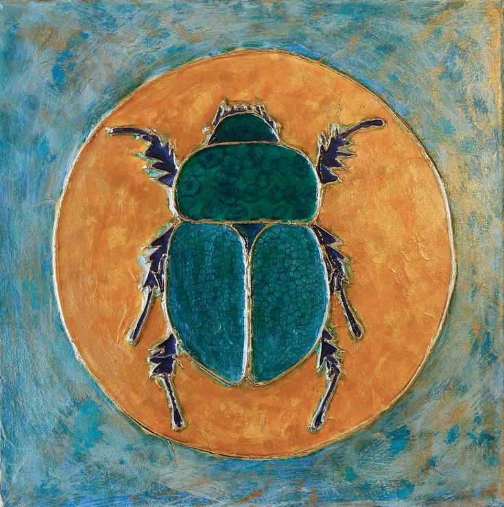 a painting of a green bug on an orange circle