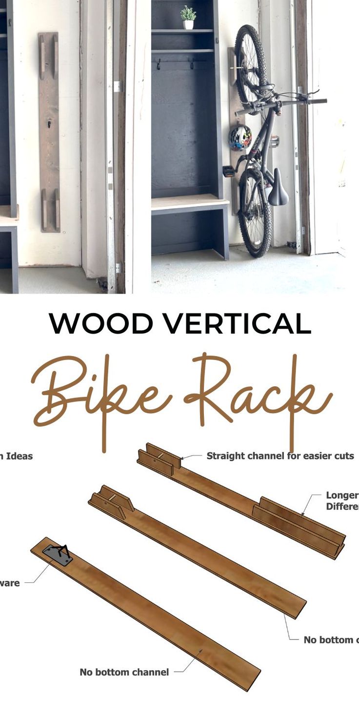 the diagram shows how to build a wooden vertical bike rack with instructions for mounting it