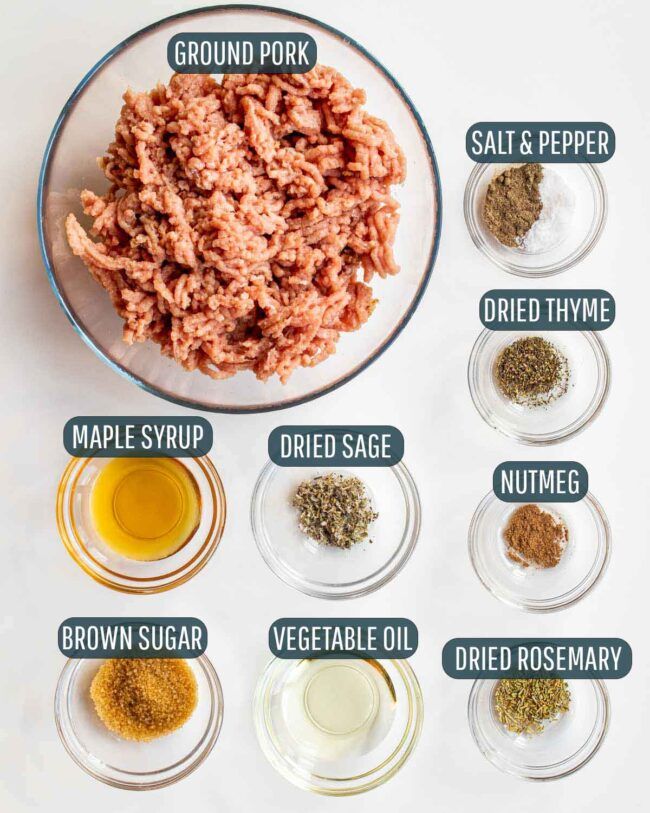 the ingredients for ground pork are shown in separate bowls and labeled with their corresponding names